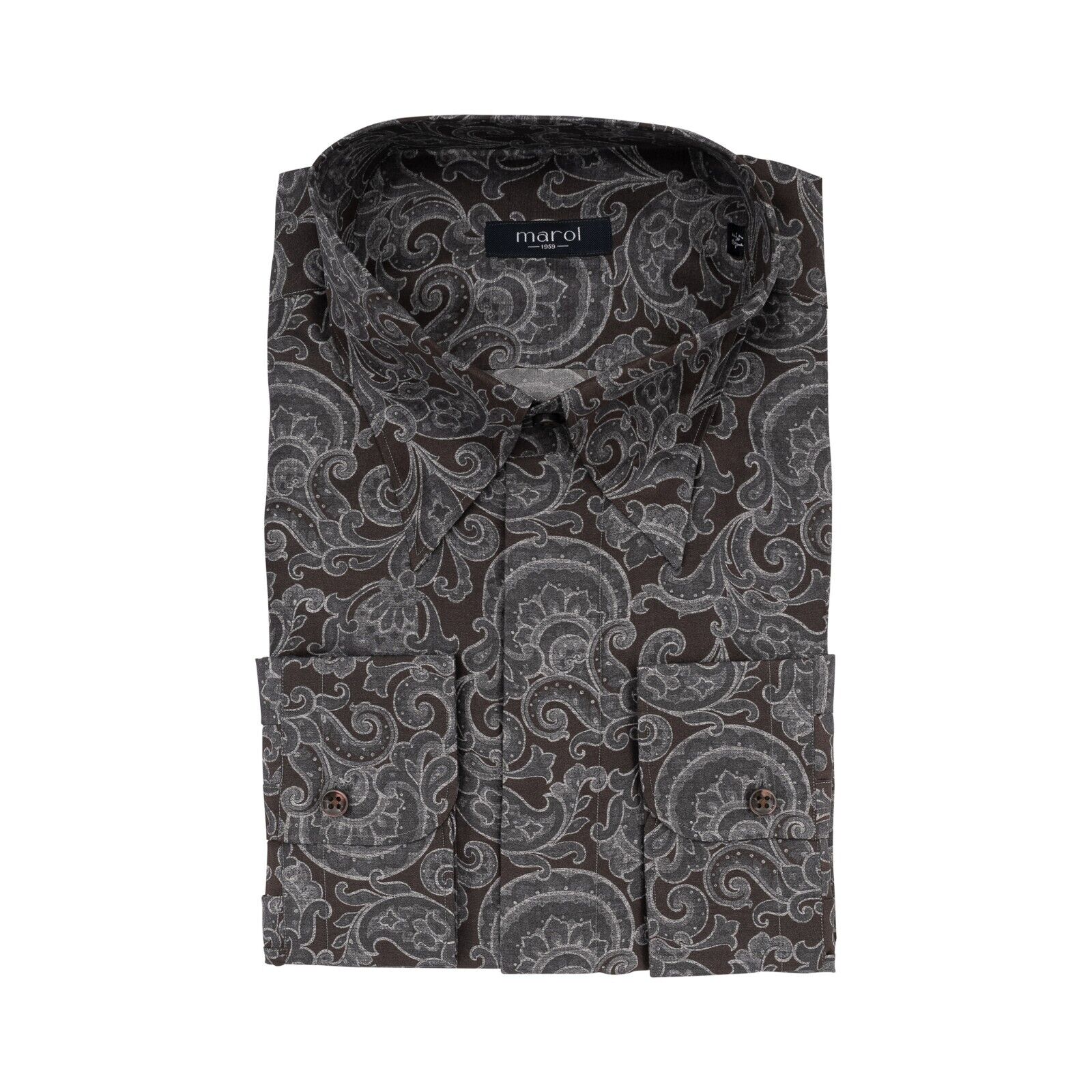 1400$ LUXURY MAROL BOLOGNA Damask Point Collar Shirt Gray / Brown 100% COMO SILK