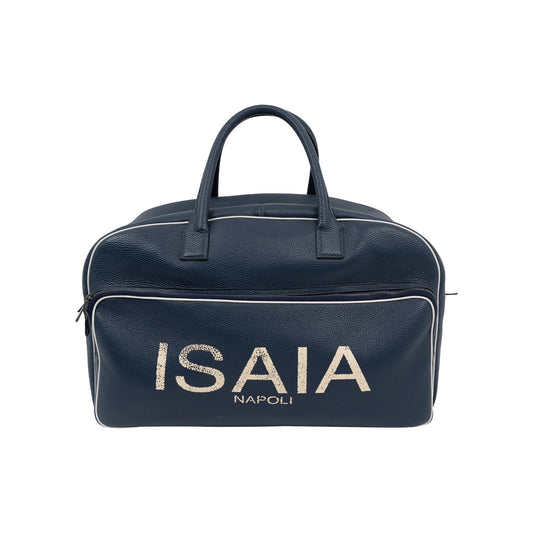 $2600 ISAIA NAPOLI "Logo" Blue Leather Large Duffle Bag Travel Weekender