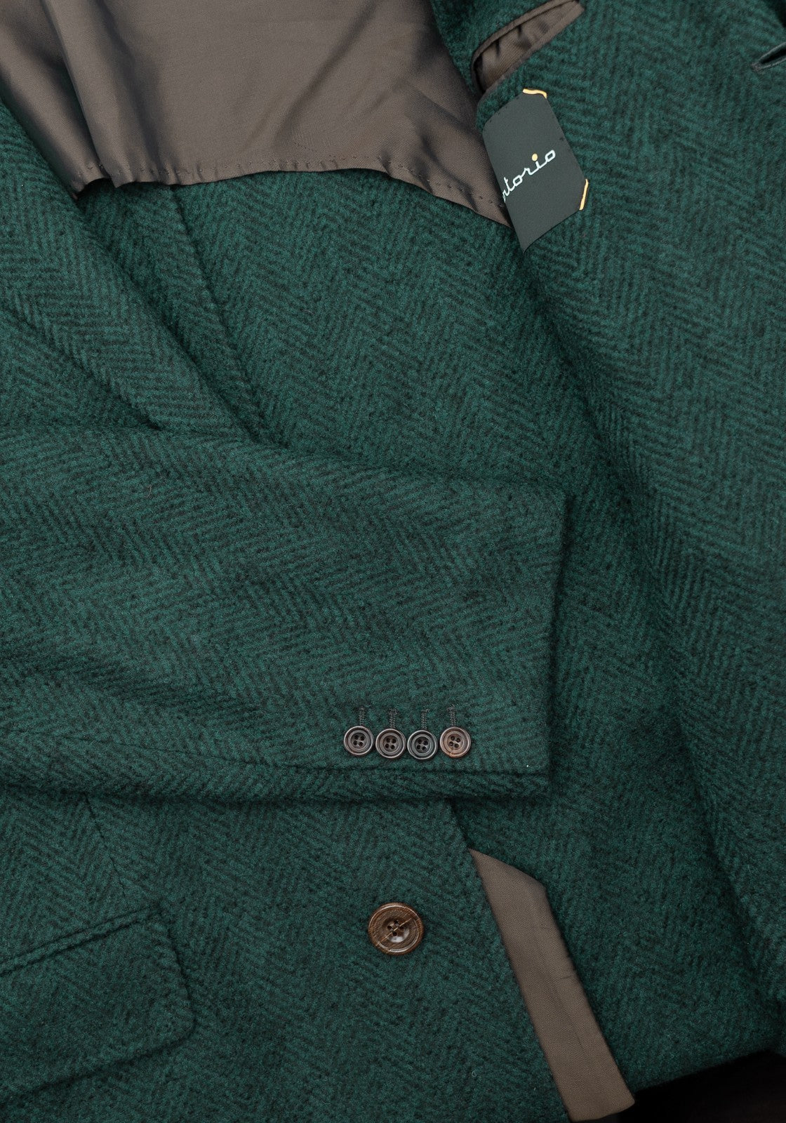 $2750 SARTORIO by KITON Green Overcoat Flannel Wool Herringbone 40 US / 50 EU