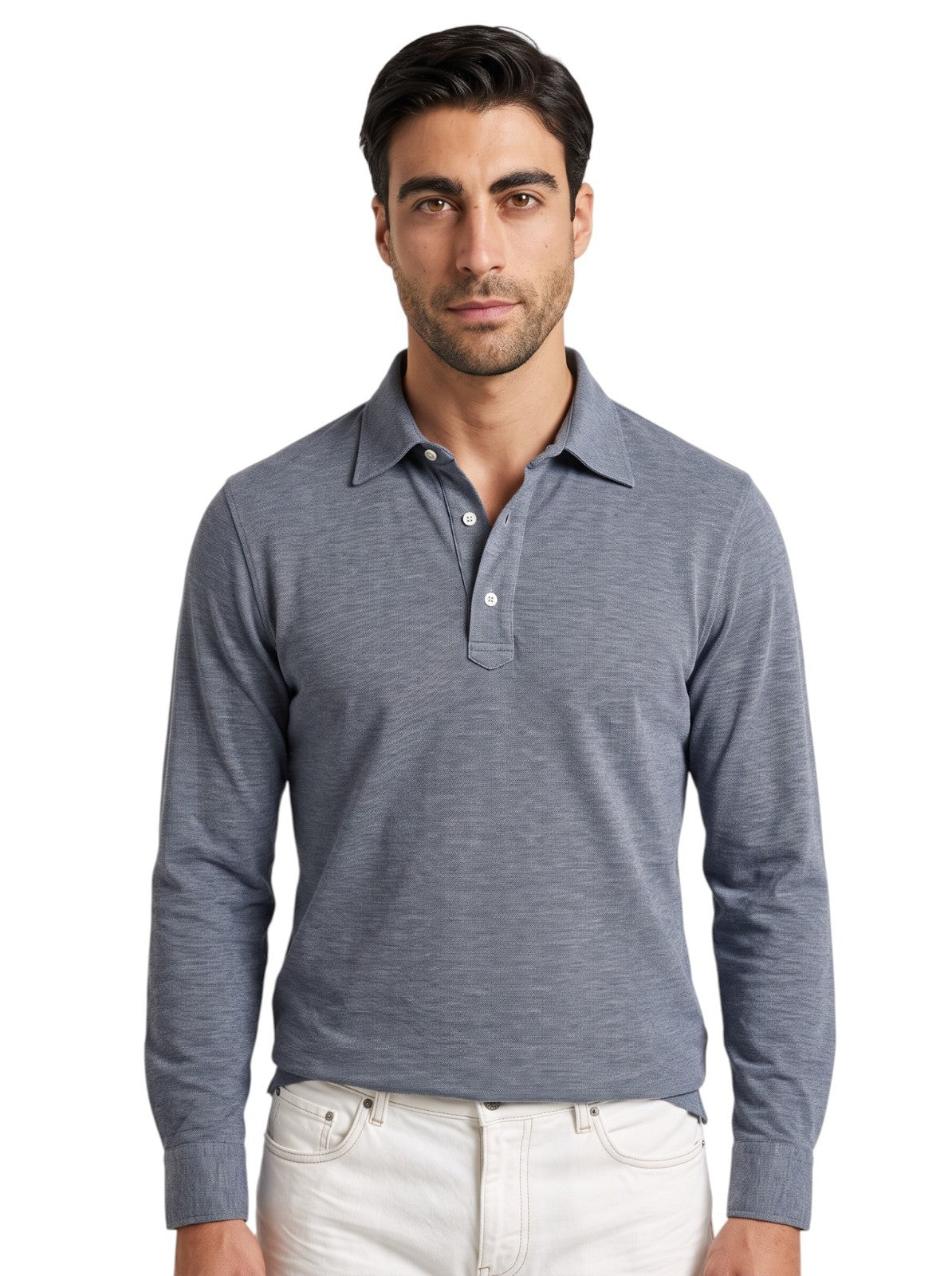 695$ ISAIA NAPOLI Hand-Sewn Polo Long Sleeve Jersey Cotton Blue Size M