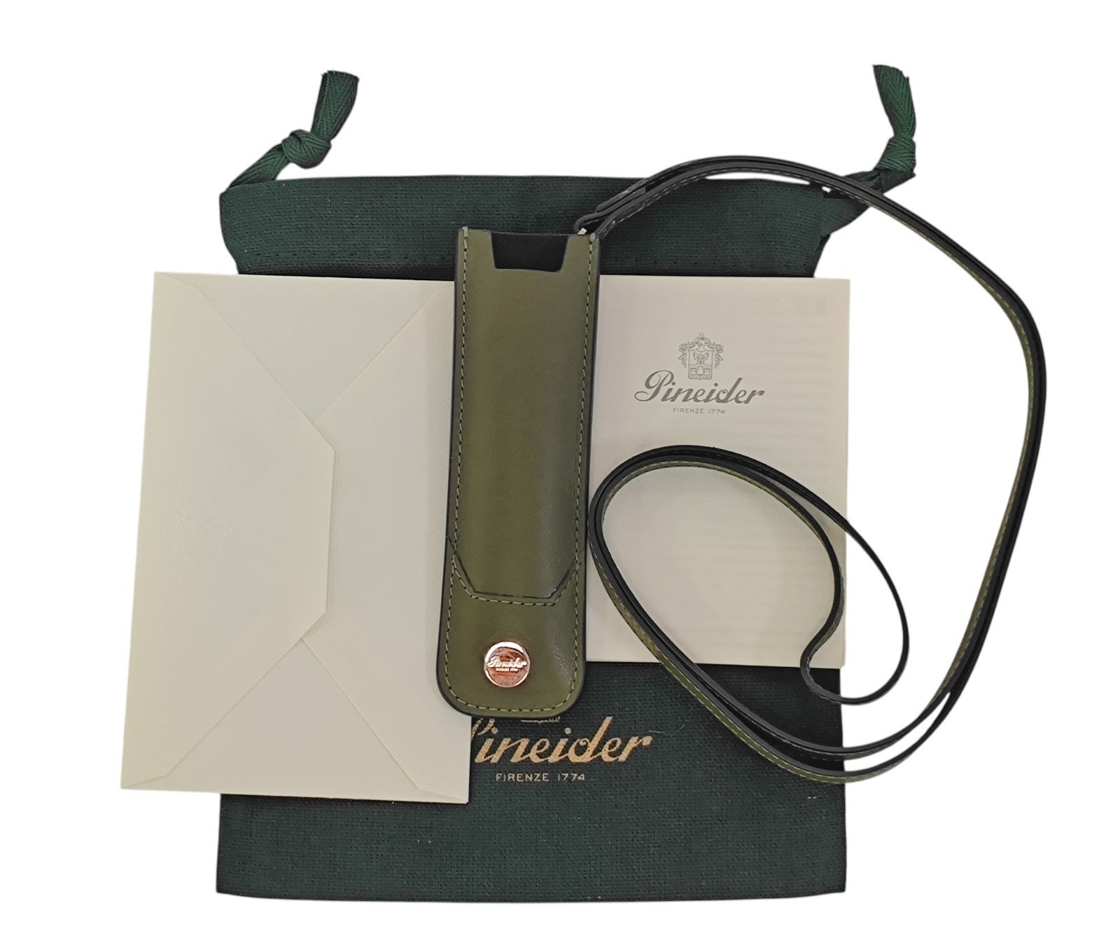 150$ PINEIDER FIRENZE 1774 Leather Single Pen Necklace Holder Lanyard Green