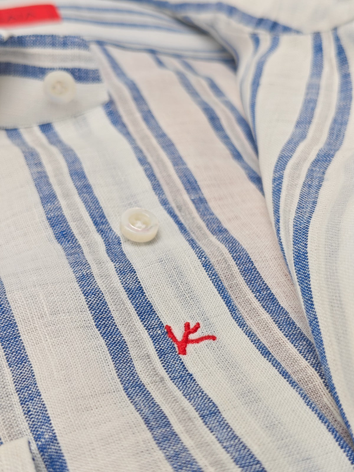765$ ISAIA NAPOLI "Mix" Blue Dress Shirt Striped Hand-Sewn 100% Linen 16 - 41