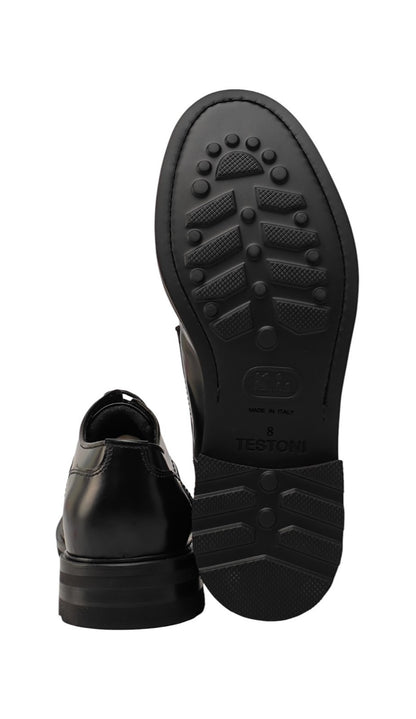 1250$ TESTONI Black Derby Shoes Brush Off Calf + Wool Lining 8 UK / 9 US / 42 IT