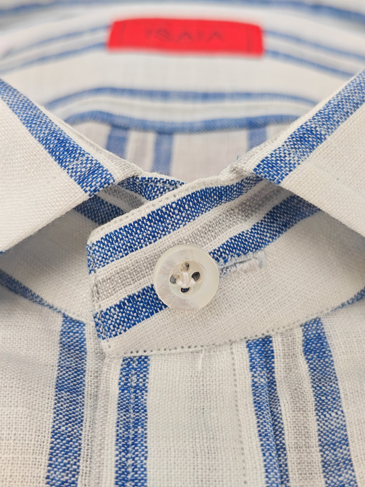 765$ ISAIA NAPOLI "Mix" Blue Dress Shirt Striped Hand-Sewn 100% Linen 16 - 41
