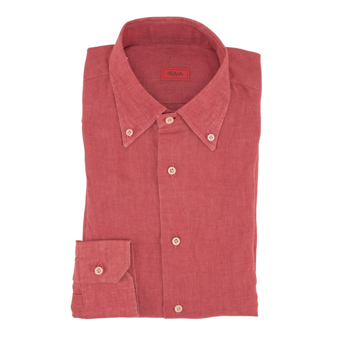 765$ ISAIA NAPOL Red Pompeian Dress Shirt Button Down 100% Linen Hand-Sewn