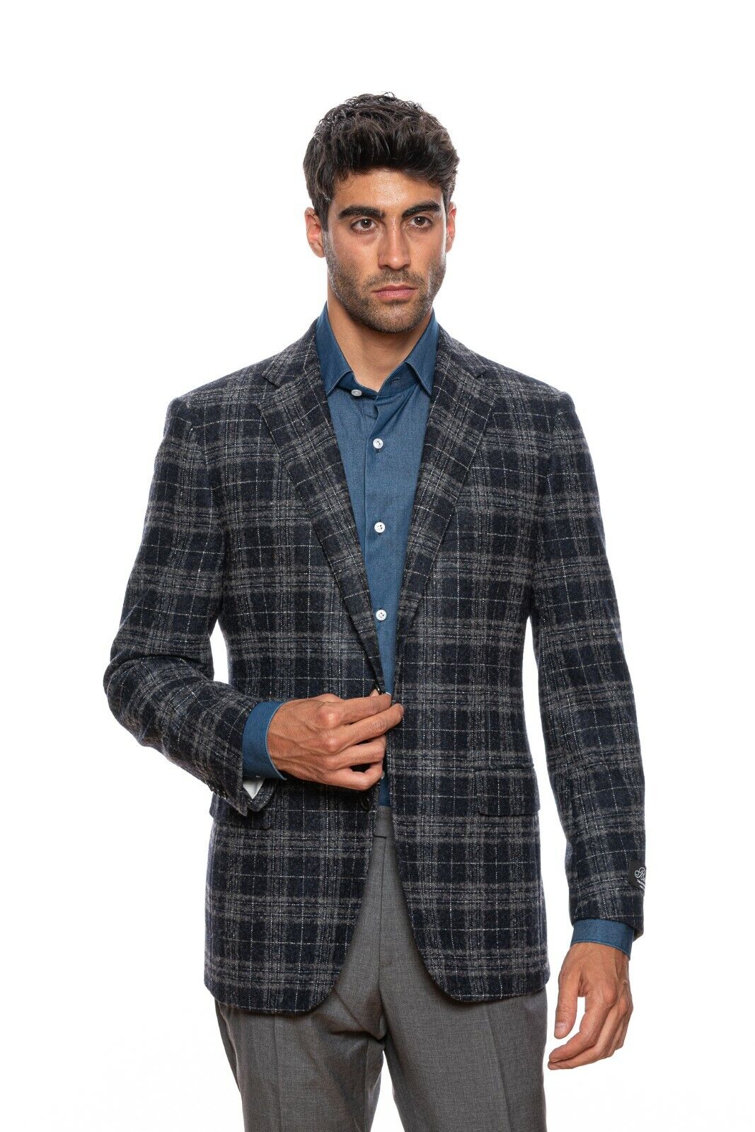 $2395 BELVEST Gray Blue Check Baby Alpaca Wool Jacket 44 US / 54 EU Drop 7R