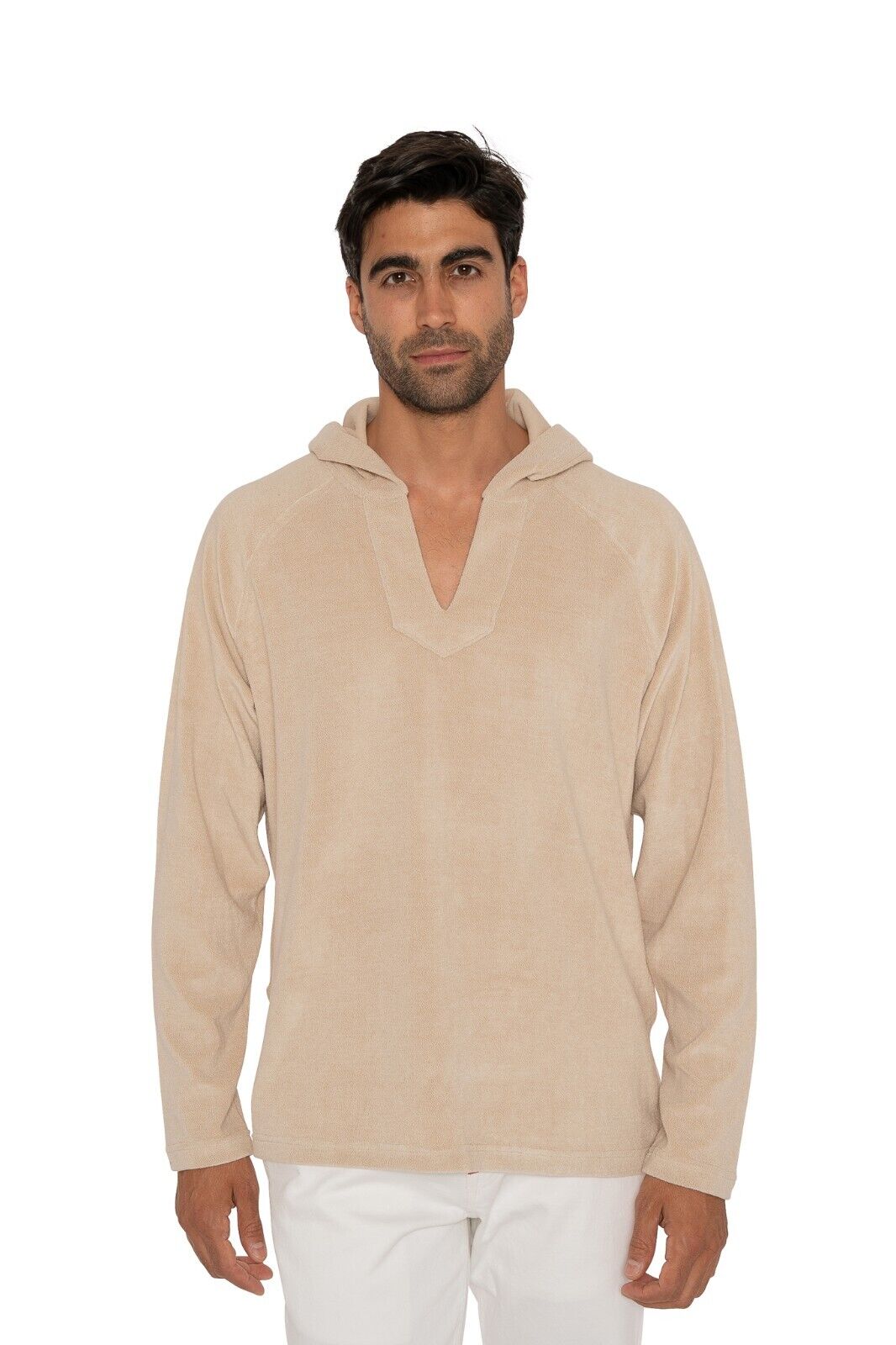 1300$ ISAIA NAPOLI Beige Terry Hoodie Sweater  Cotton / Silk Relaxed Fit Size M