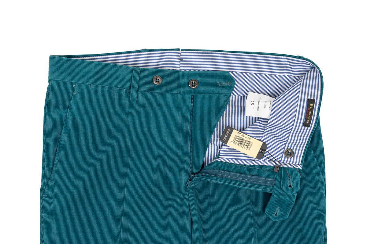 625$ RUBINACCI NAPOLI "Luca" Petroleum Green Cotton Corduroy Pant Made in Napoli