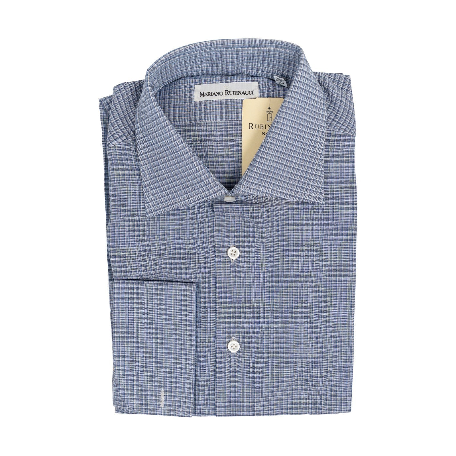 520$ RUBINACCI NAPOLI Blue Hand-Sewn Checks Shirt Cotton Classic Fit   2Q