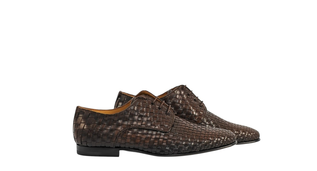 1050$ TESTONI "Tivoli" Derby Shoes Woven Antique Calf Brown 8 UK / 9 US / 42 IT