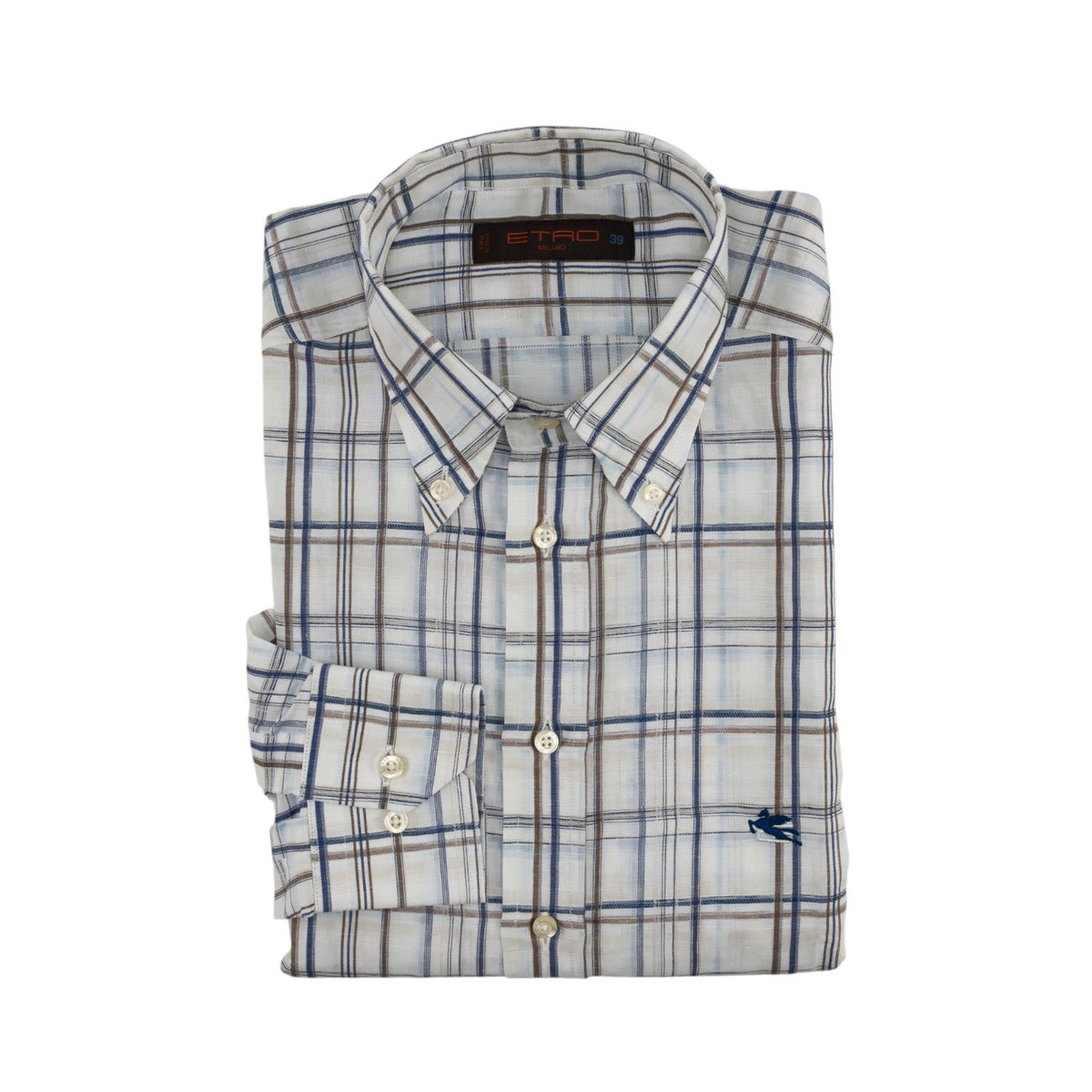 500$ ETRO MILANO Shirt Checks Blue Brown Button Down Linen Cotton Size 16.5 - 42