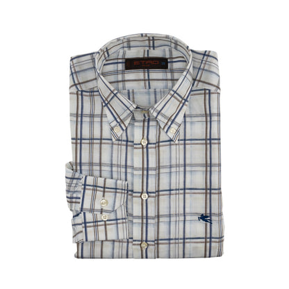 500$ ETRO MILANO Shirt Checks Blue Brown Button Down Linen Cotton Size 16.5 - 42