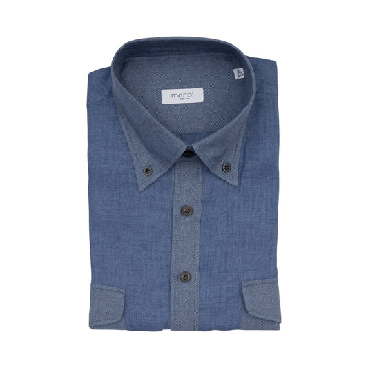 1400$ LUXURY MAROL BOLOGNA Short Sleeve Shirt Blue 100% Linen  15.75 - 40