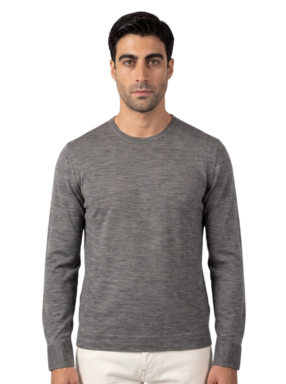 1075$ ISAIA NAPOLI Grey Sweater T- Shirt Long Sleeve Fine Wool Jersey Size M