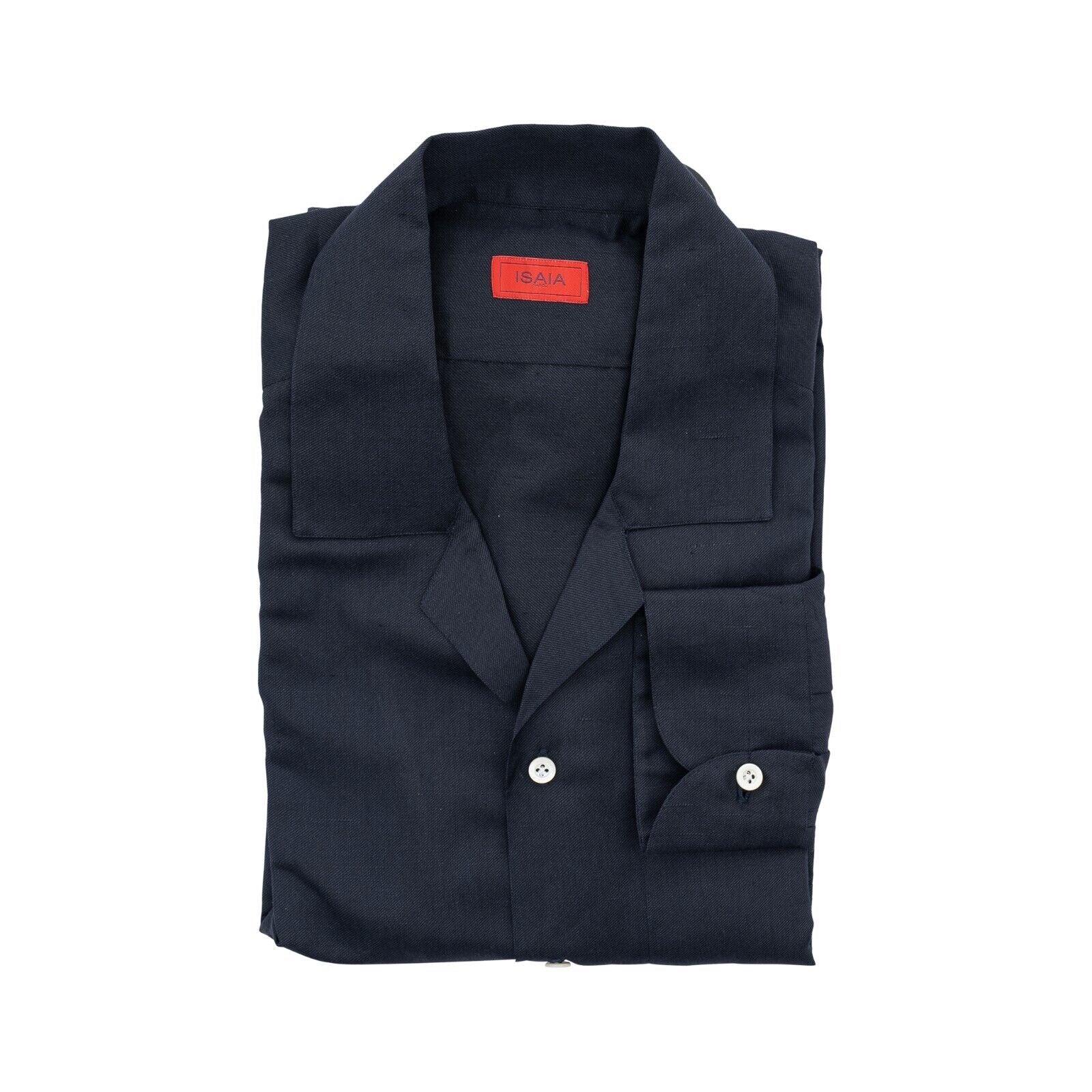 800$ ISAIA NAPOLI Blue Navy Hand-Sewn Camp Collar Shirt Linen / Silk / Cotton