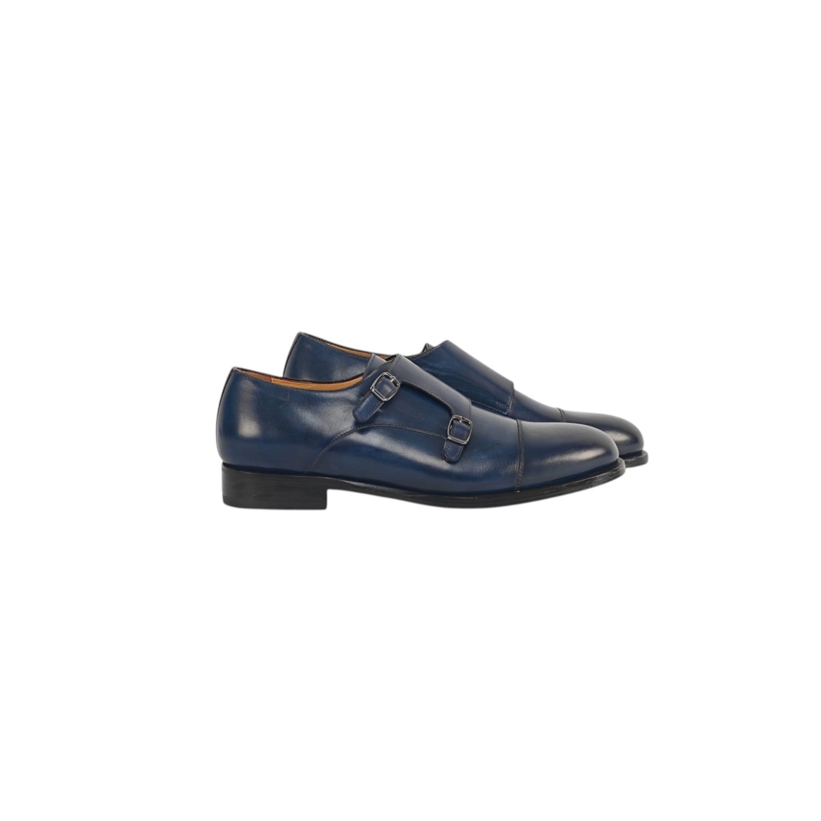 1250$ TESTONI "Trento" Blue Double Monk Shoes Antiqued Calf 8 UK / 9 US / 42 IT