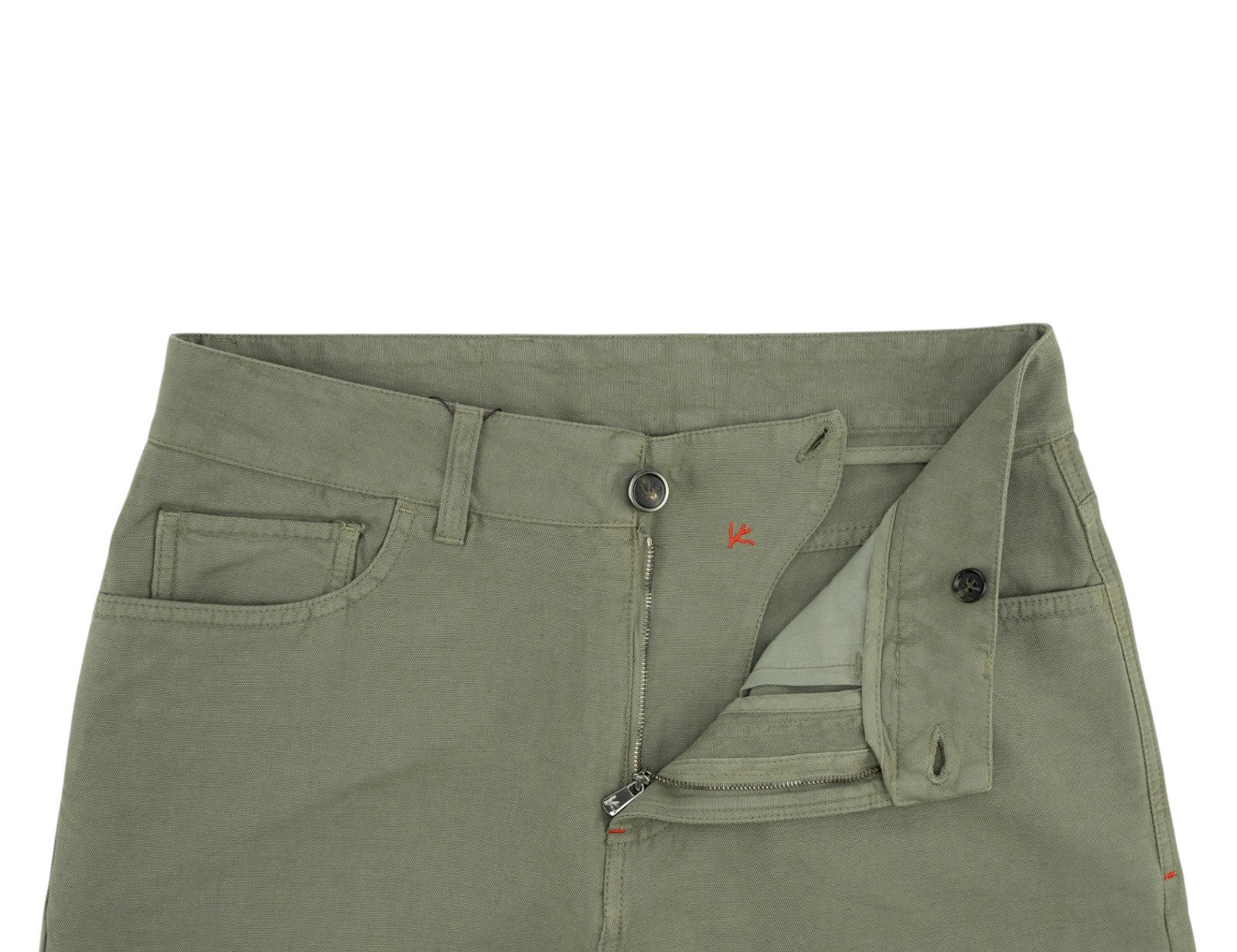 690$ ISAIA NAPOLI Olive Green 5 Pocket Trouser Pant Cotton Linen 32 US  / 48 EU