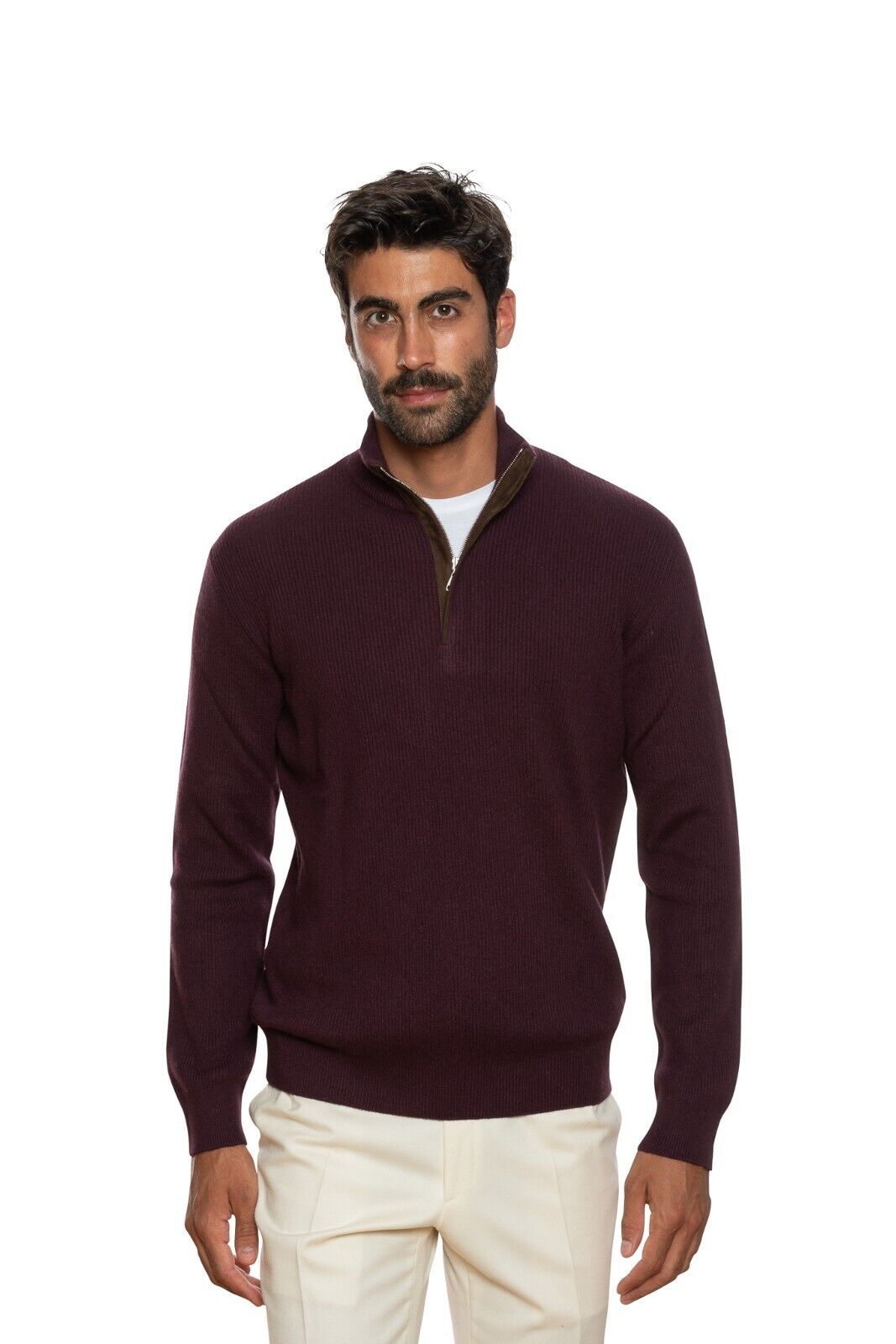 950$ DELLA CIANA CASHMERE Half Zip Sweater 100% Cashmere + Leather 42 US / 52 EU