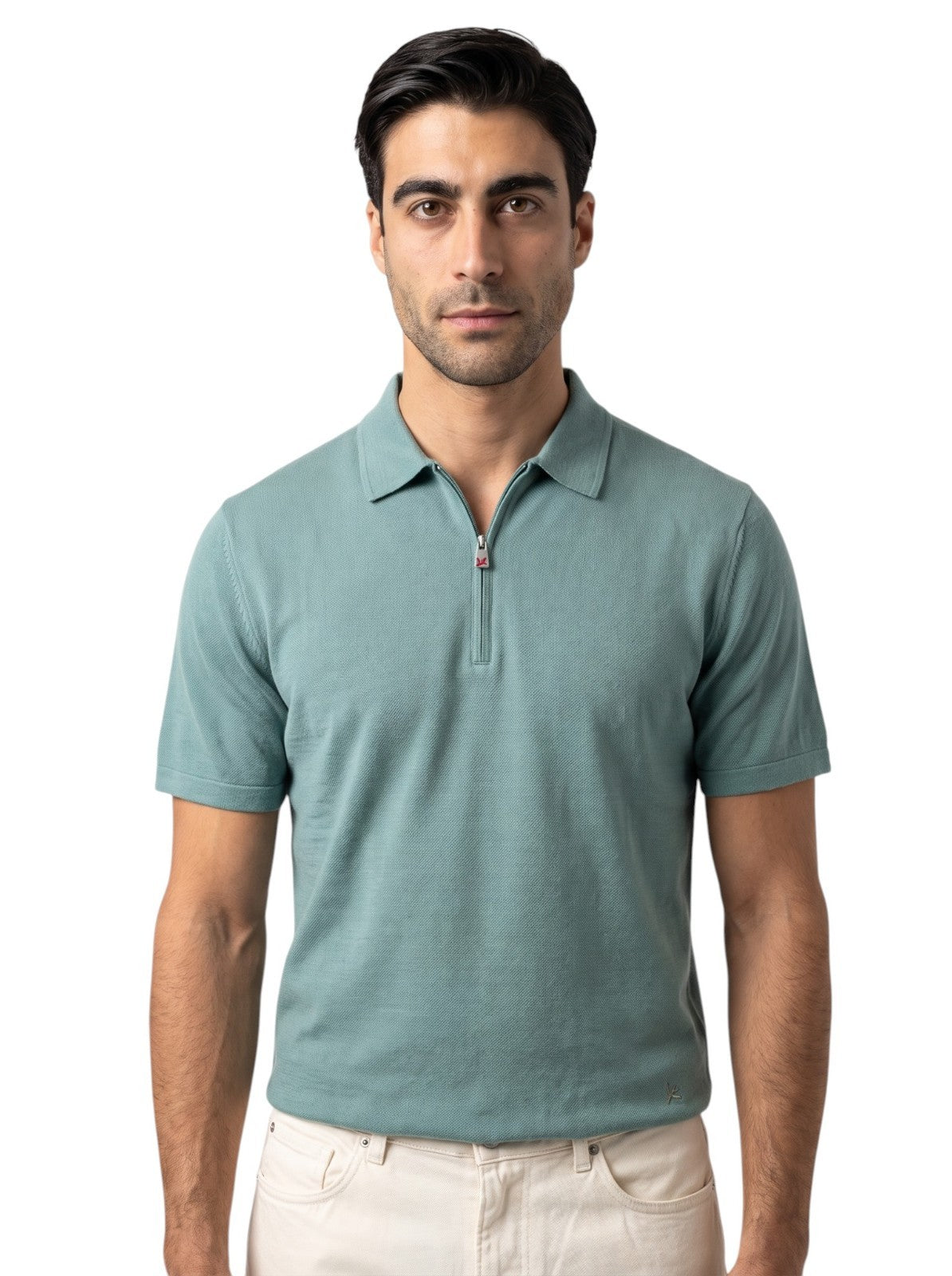 1100$ ISAIA NAPOLI Aquamarine Polo Zip Short Sleeve Knit Wool Size XL
