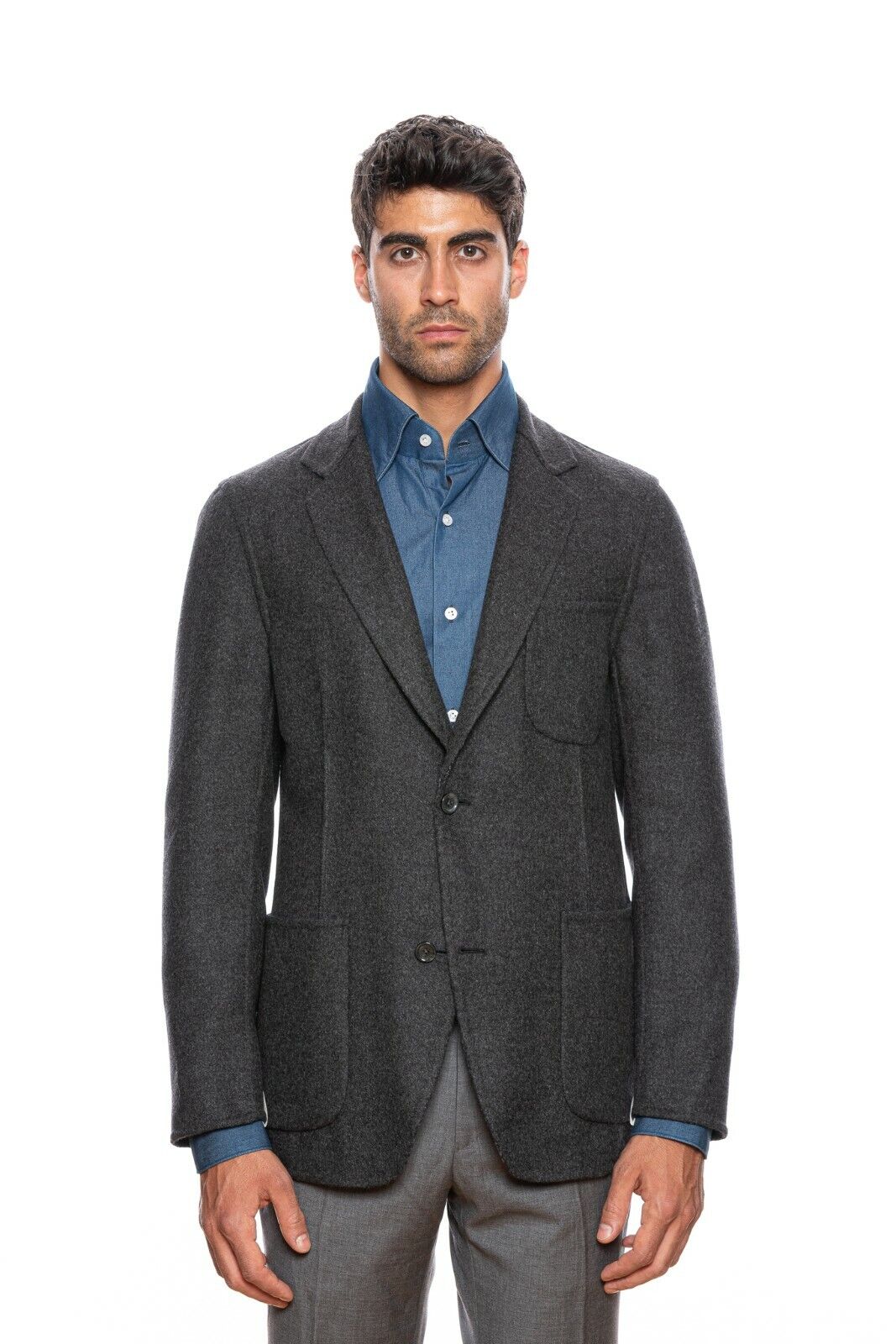 $2245 BELVEST Gray / Blue Flannel Wool REVERSIBLE Jacket 40 US / 50 EU Drop 8R
