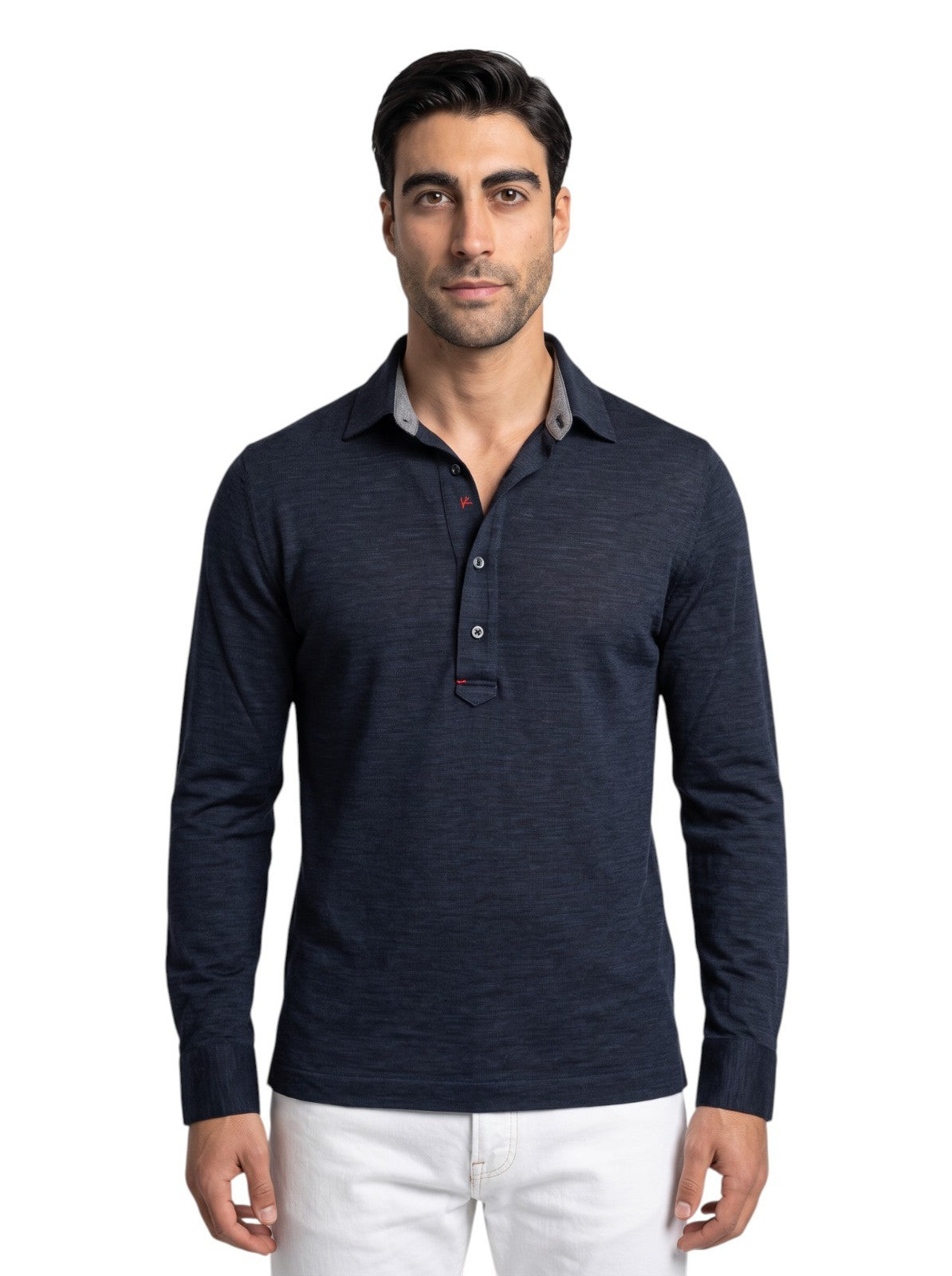 1050$ ISAIA NAPOLI Midnight Blue Handmade Polo Long Sleeve Fine Wool Size XS