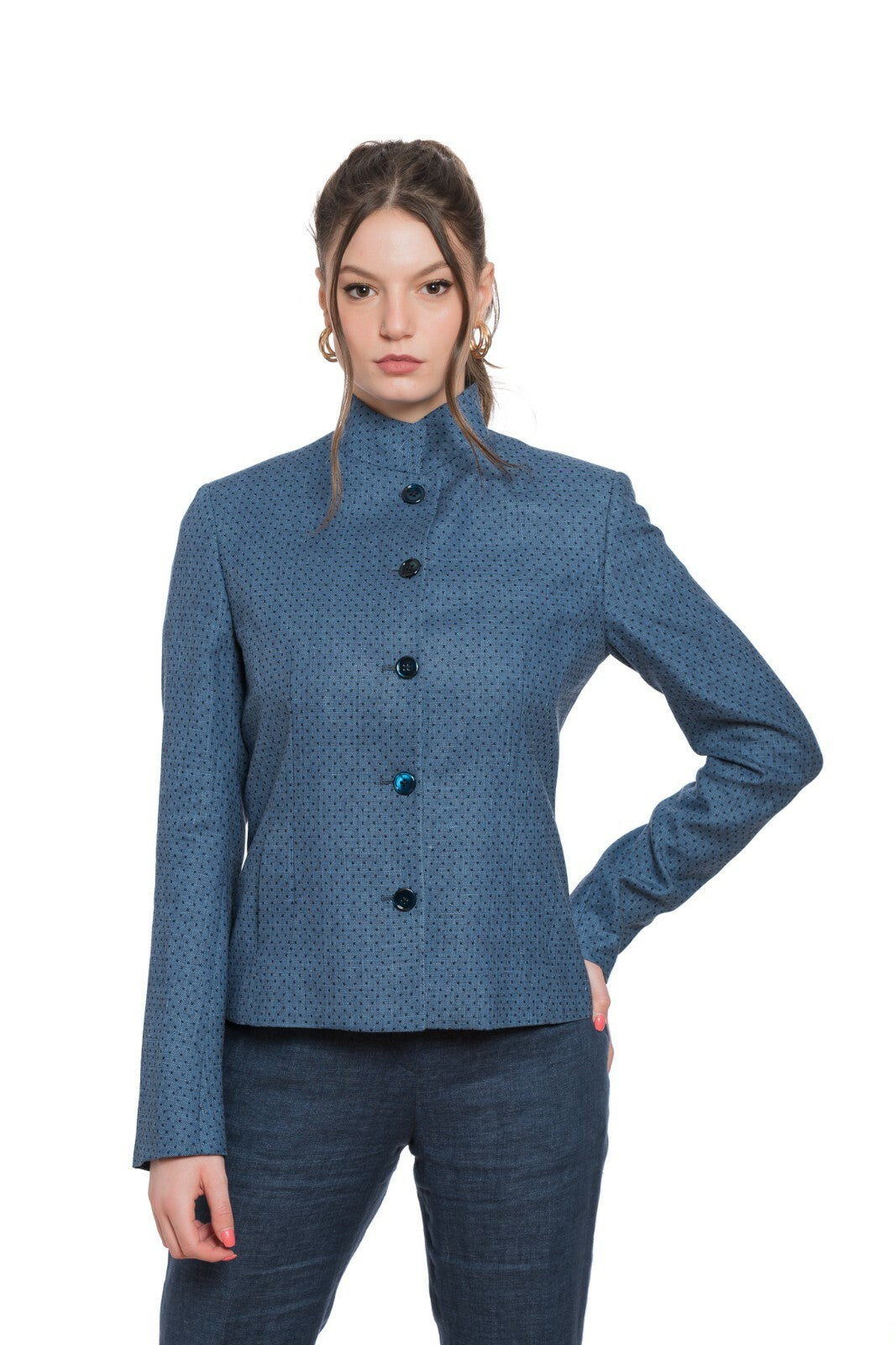 $2230 BELVEST Linen Wool Blue Woman Korean Jacket Blazer 42 IT / 6 US / 38 FR