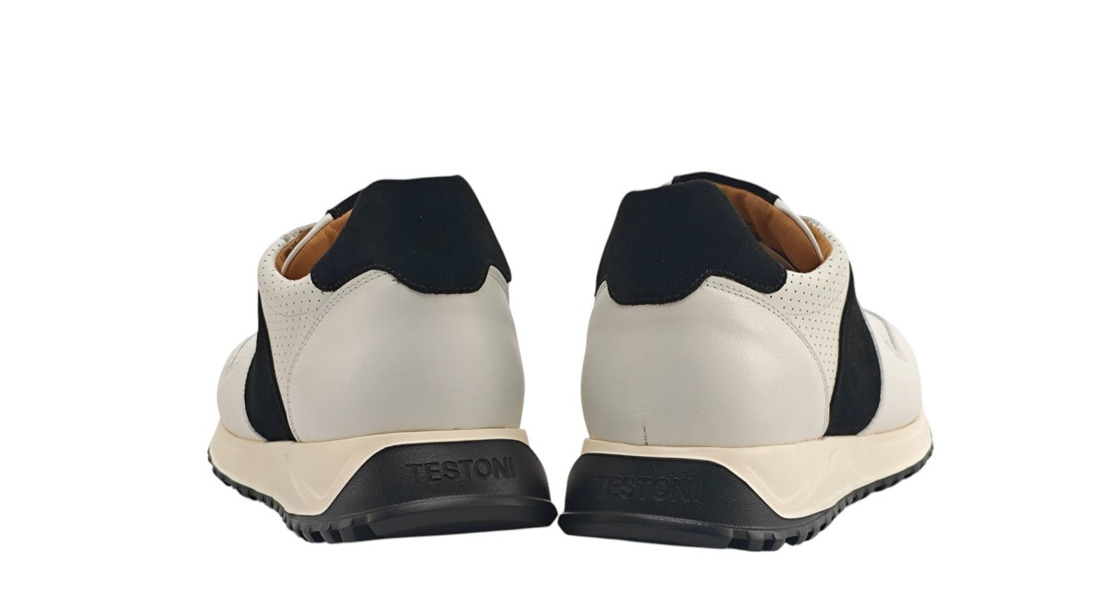 $900 TESTONI "Cuneo" White / Black Sneaker Shoes Perforated Calf & Suede