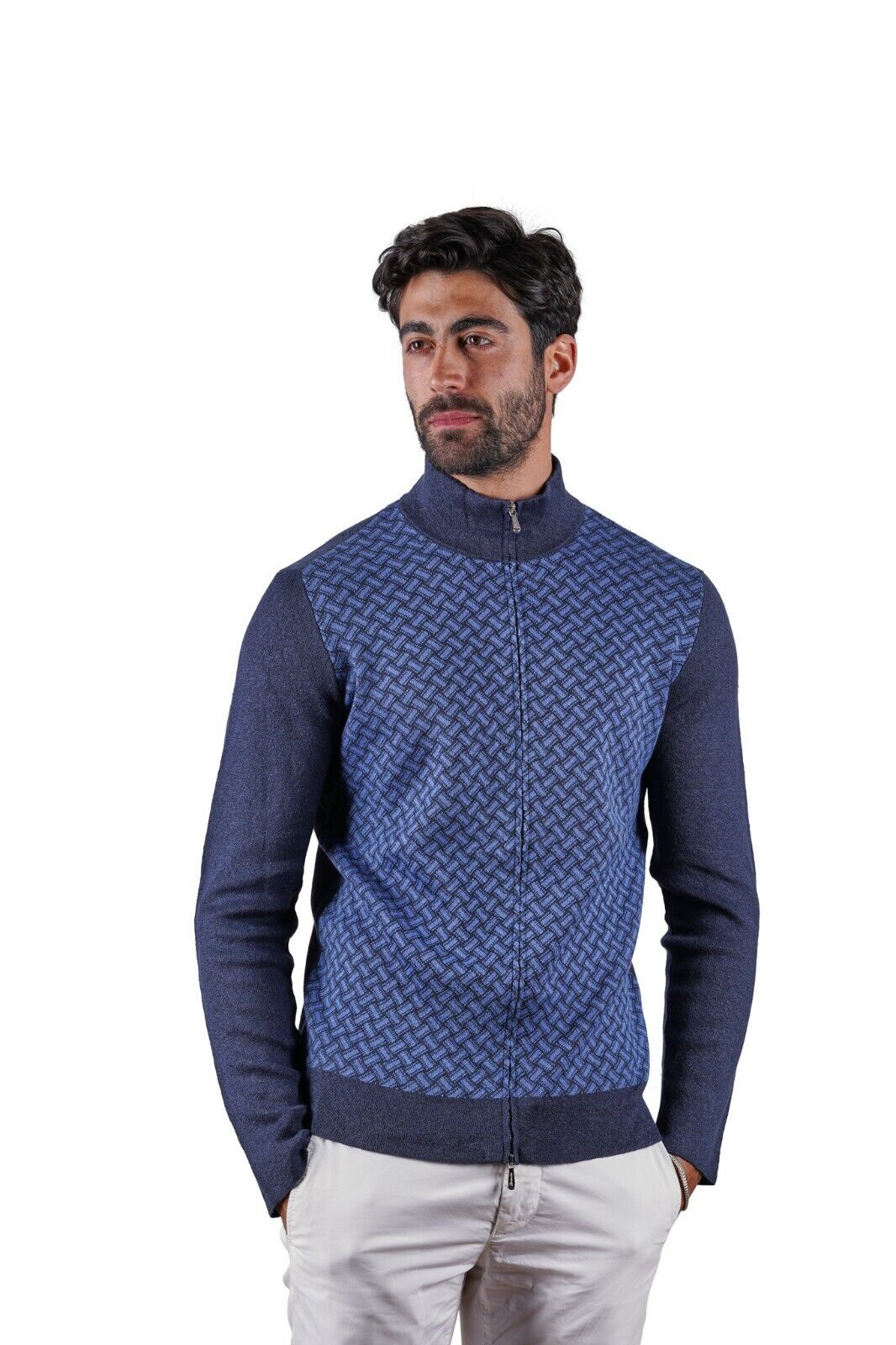 350$ Italian Luxury DRUMOHR Cardigan Zip Linen "Razor Blade" Blue 40 US / 50 EU