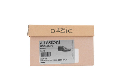1400$ TESTONI Slip On Shoes Lux Calf+Saffiano Calf Blue Navy 8 UK / 9 US / 42 IT