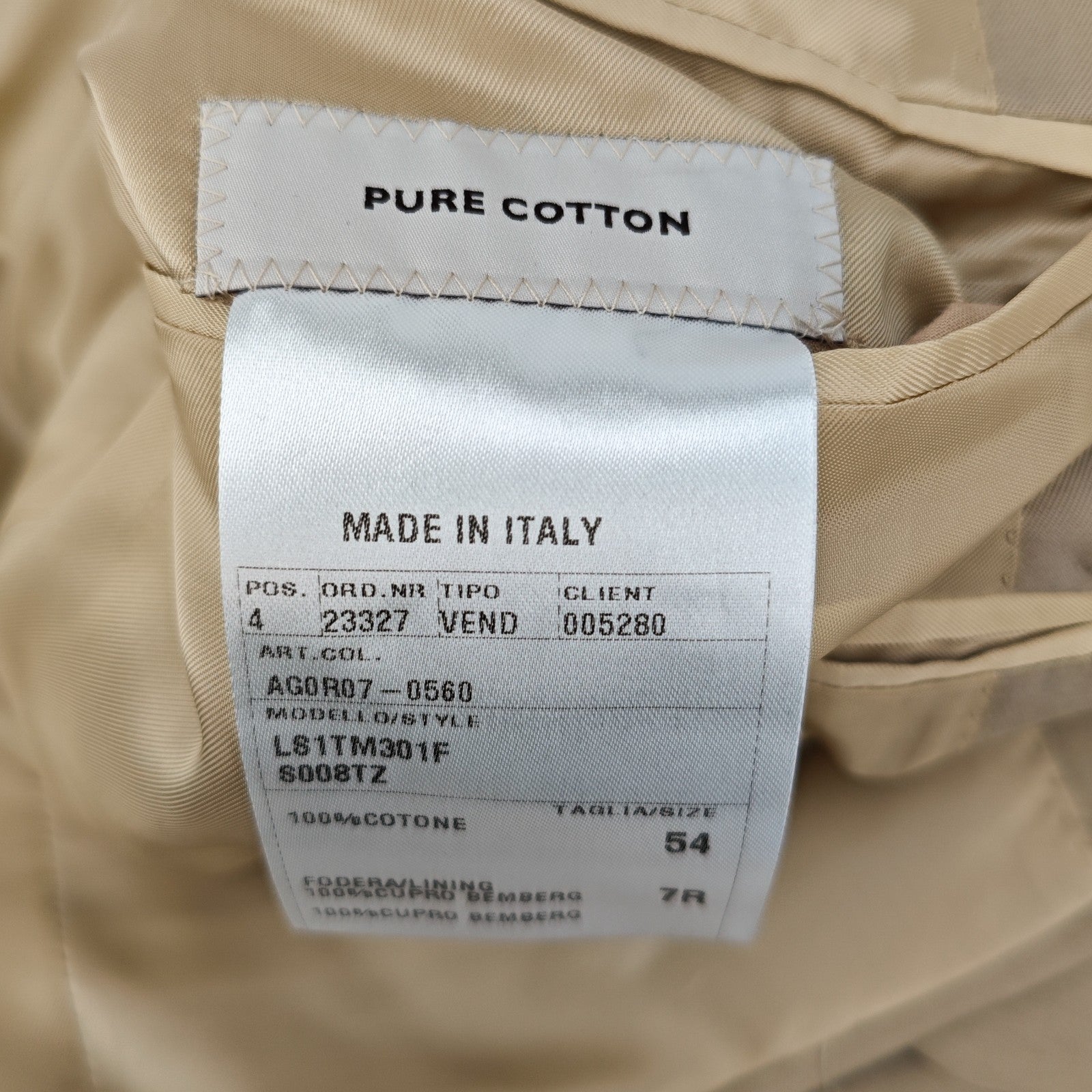 $1800 RAFFAELE CARUSO Beige Handmade 3/2 Roll Suit 100% Cotton 44 US / 54 EU