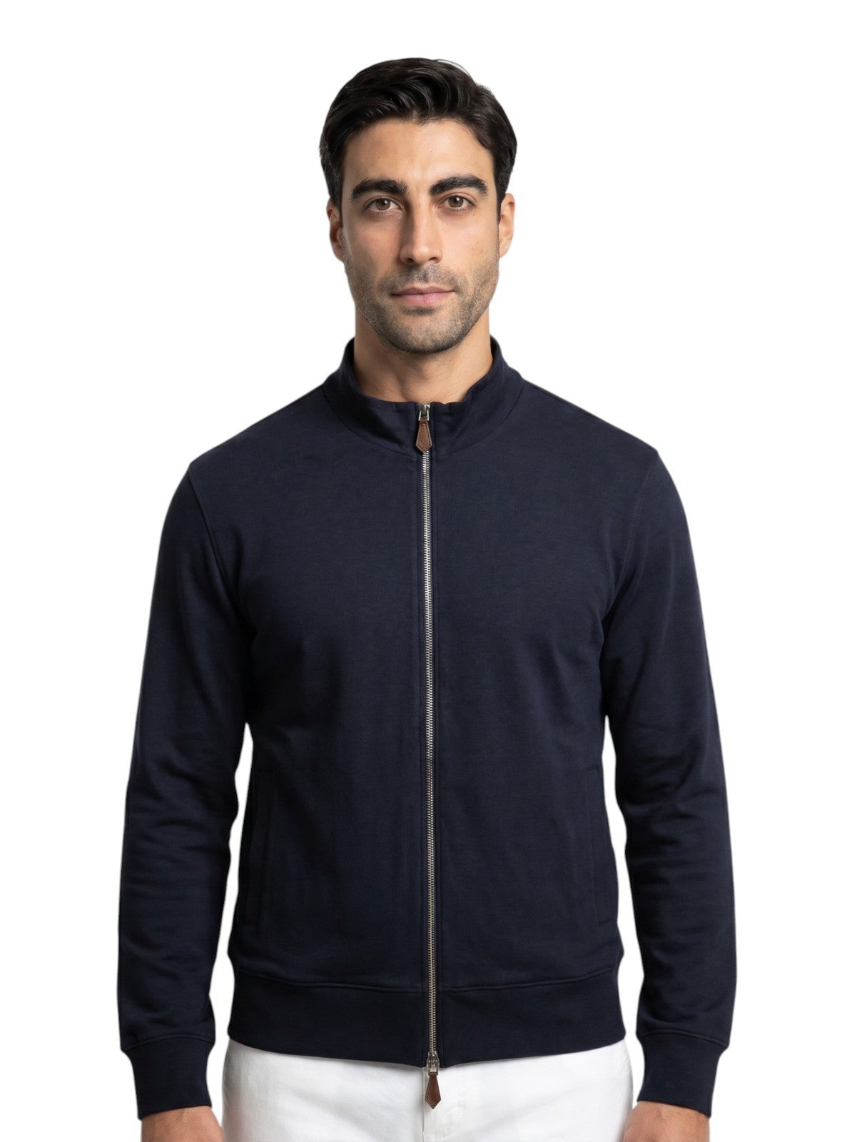 $1850 ISAIA NAPOLI Blue Navy Zip Track Jacket Jersey Cotton - Cashmere Size L