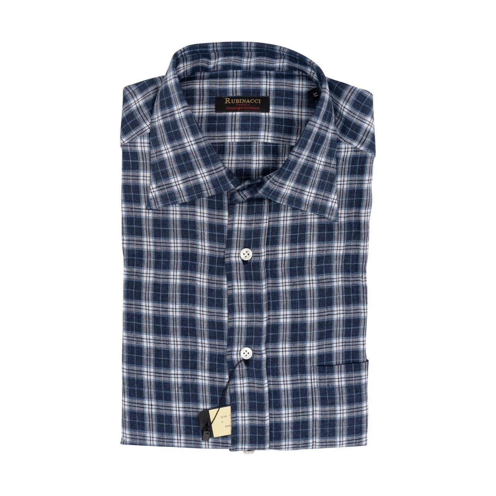 670$ RUBINACCI NAPOLI "Vintage Archive" Blue Checks Hand-Sewn Dress Shirt Linen