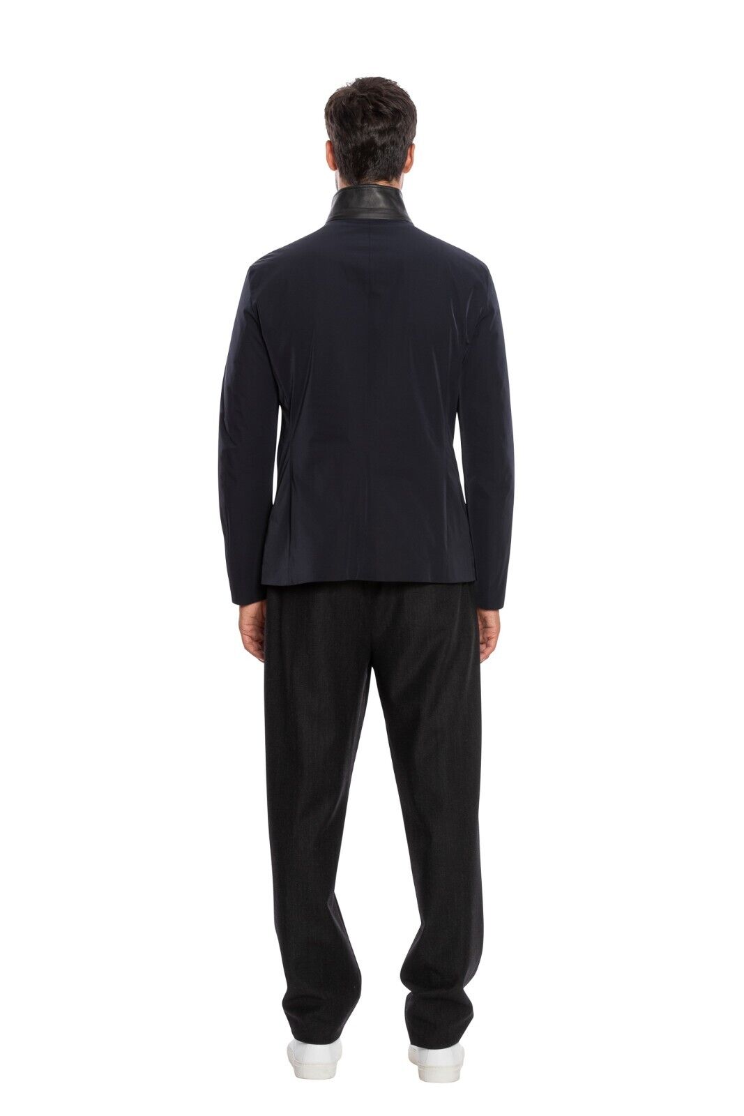 1900$ GIORGIO ARMANI Jacket Blouson Leather Details Dark Blue Water Repellent