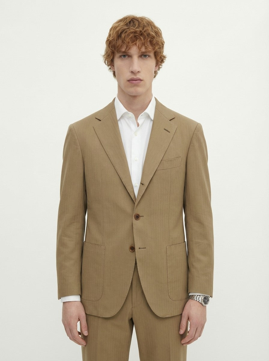 1950$ RAFFAELE CARUSO Handmade Suit Beige Herringbone Cotton Wool  Made in Italy