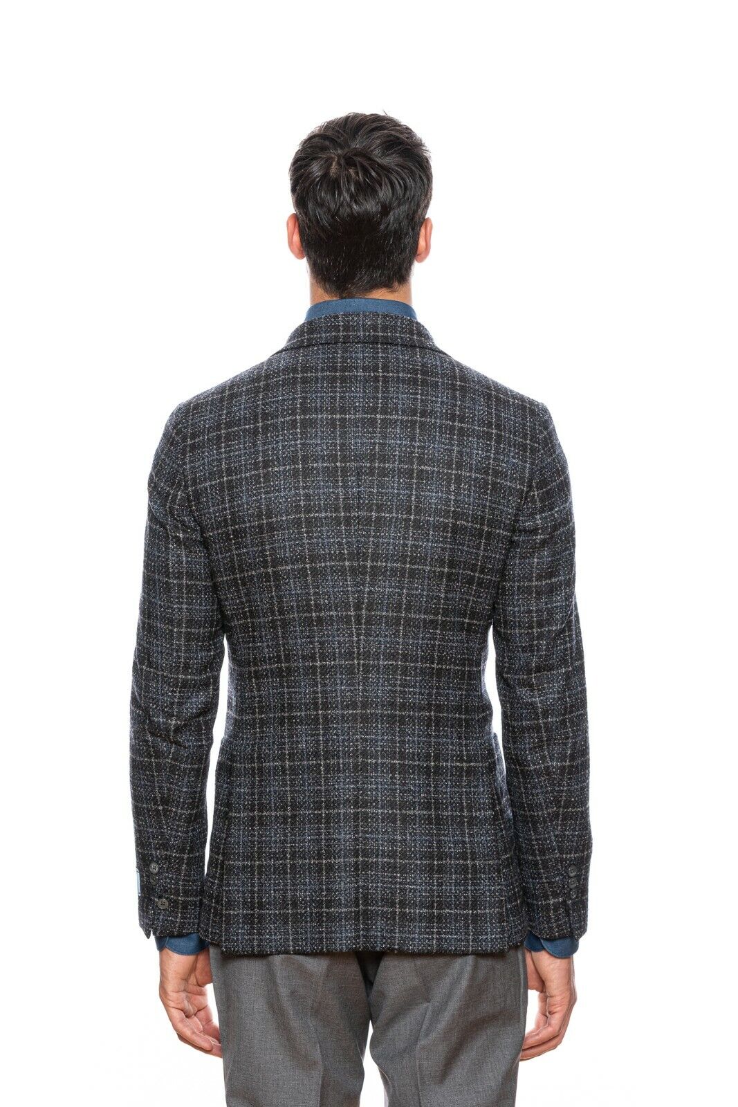 $2245 BELVEST Check Dark Blue Wool Jacket Double Breasted US 40 / 50 EU  8R Slim