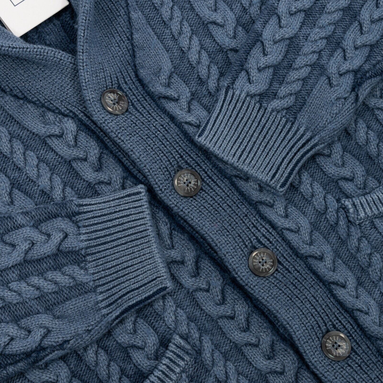 $1400 FEDELI CASHMERE Blue Cardigan Thick Merinos Wool Shawl Collar 40 US 50 EU