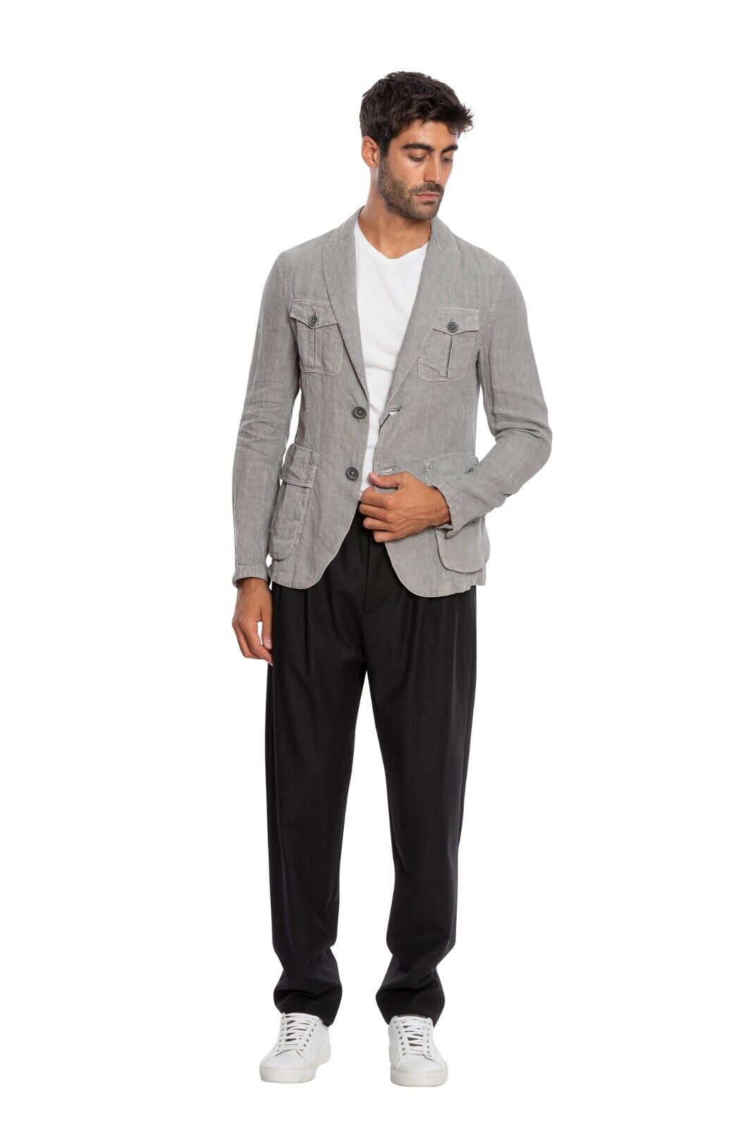 1600$ GIORGIO ARMANI Black Label Field Jacket Blouson Grey 100% Linen Slim Fit