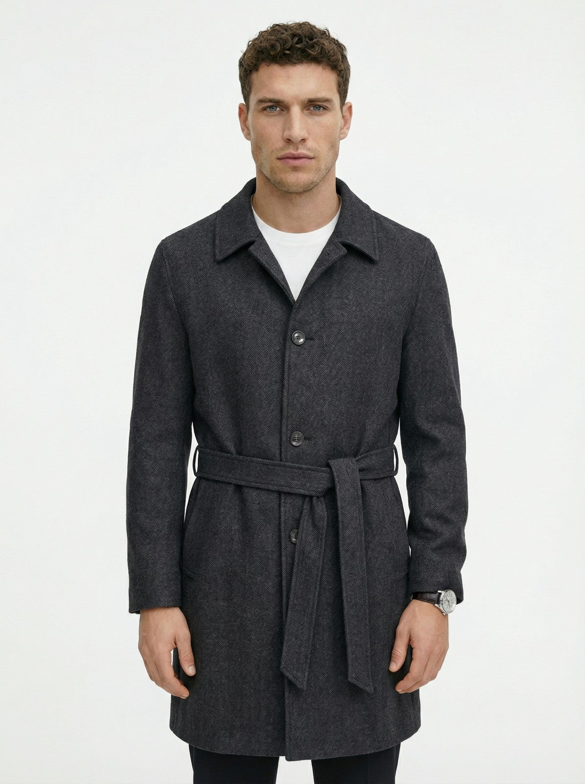 2200$ HERNO Gray Belted Trench Coat Herringbone Wool Cotton  42 US / 52 IT