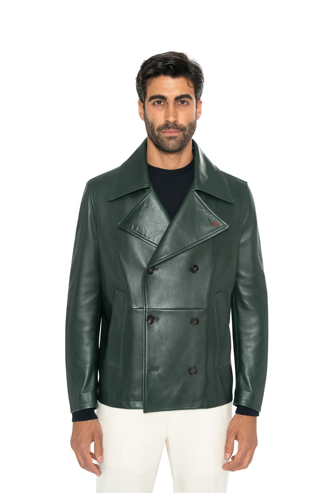 5800$ ISAIA Noble Green Jacket Coat Peacoat 100% Lambskin Leather 38 US 48 EU