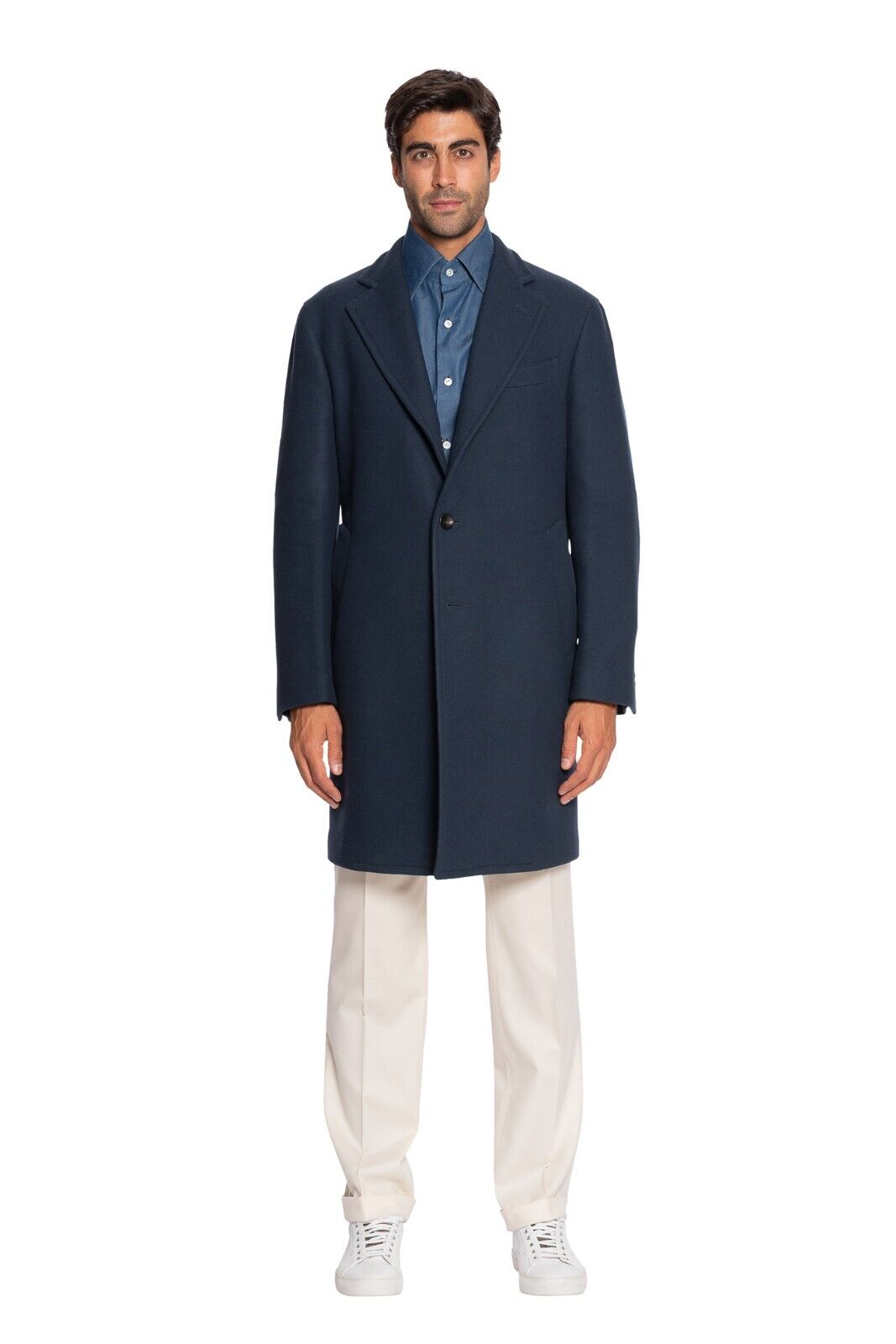 $1800 BOGLIOLI MILANO Blue Single Breasted Solid Long Coat Heavy Twill Wool