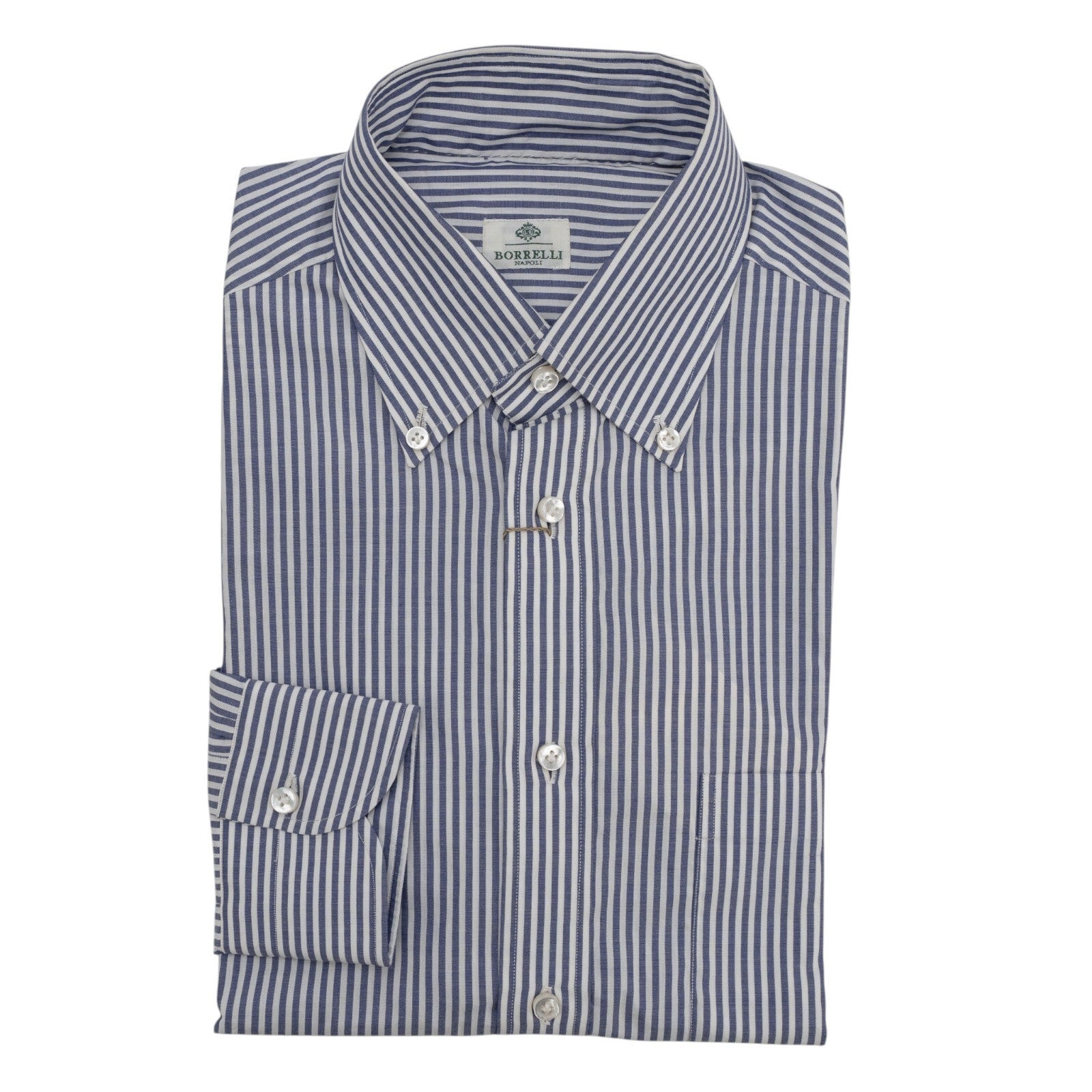 450$ LUIGI BORRELLI Dress Shirt Striped Blue 8 Hand Steps 100% Cotton 15.5-39