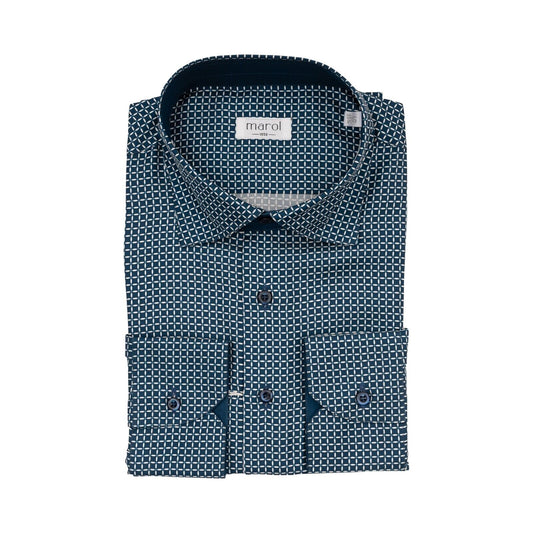 1400$ LUXURY MAROL BOLOGNA Geometric Shirt Blue 100% COMO SILK Satin  15.75 - 40