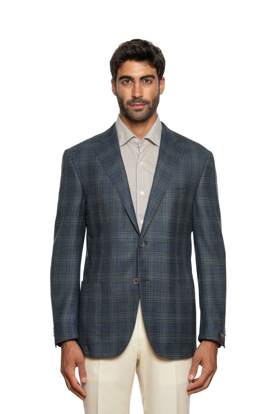 1250$ CORNELIANI Jacket Blue Prince of Wales Wool 130's + Leather 40 US / 50 EU