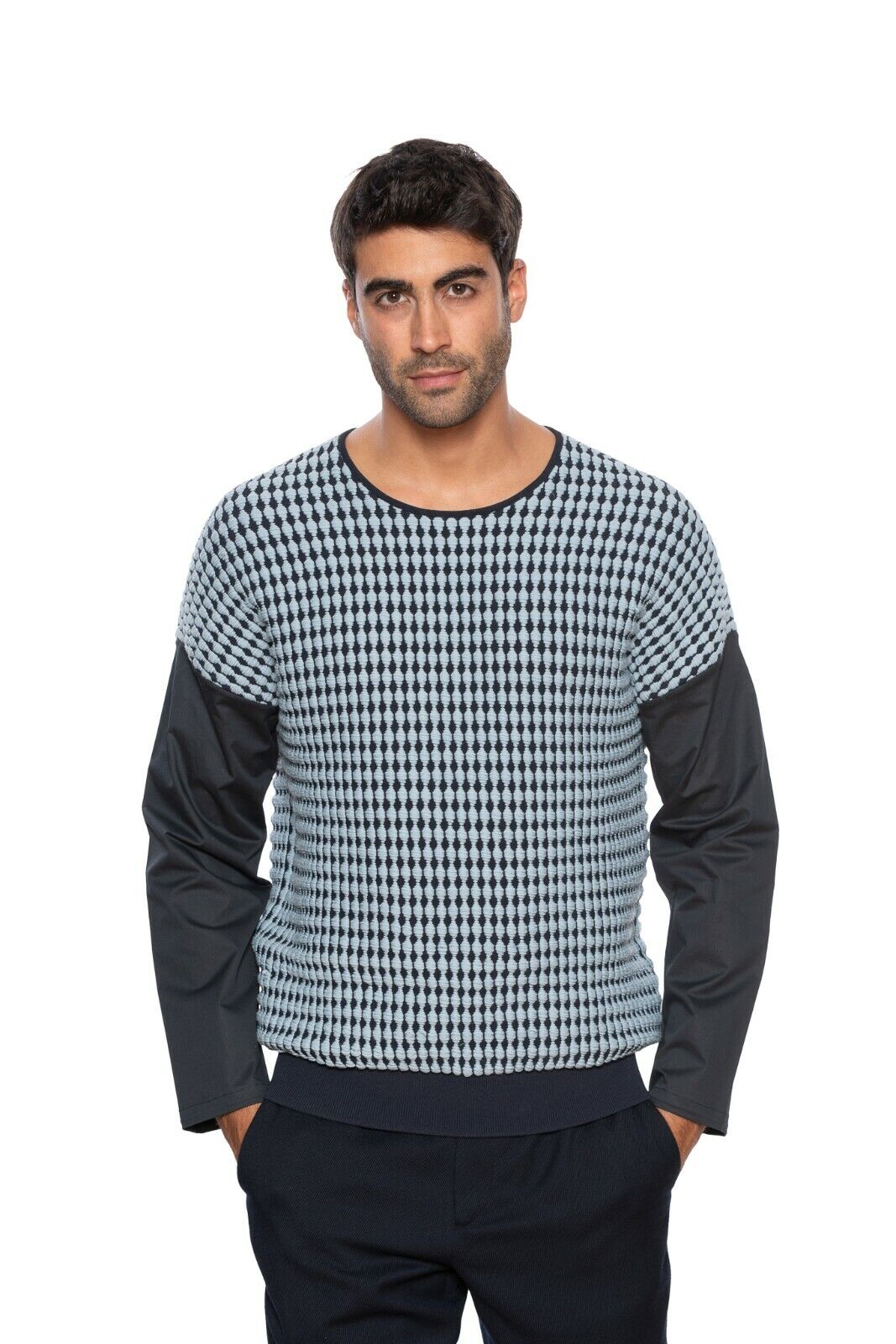 1150$ GIORGIO ARMANI Sweater Contrasting Sleeve 3D Jacquard Blue 38 US / 48 EU