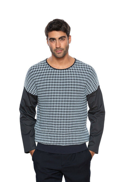 1150$ GIORGIO ARMANI Sweater Contrasting Sleeve 3D Jacquard Blue 38 US / 48 EU