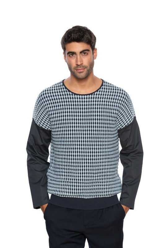 1150$ GIORGIO ARMANI Sweater Contrasting Sleeve 3D Jacquard Blue 38 US / 48 EU