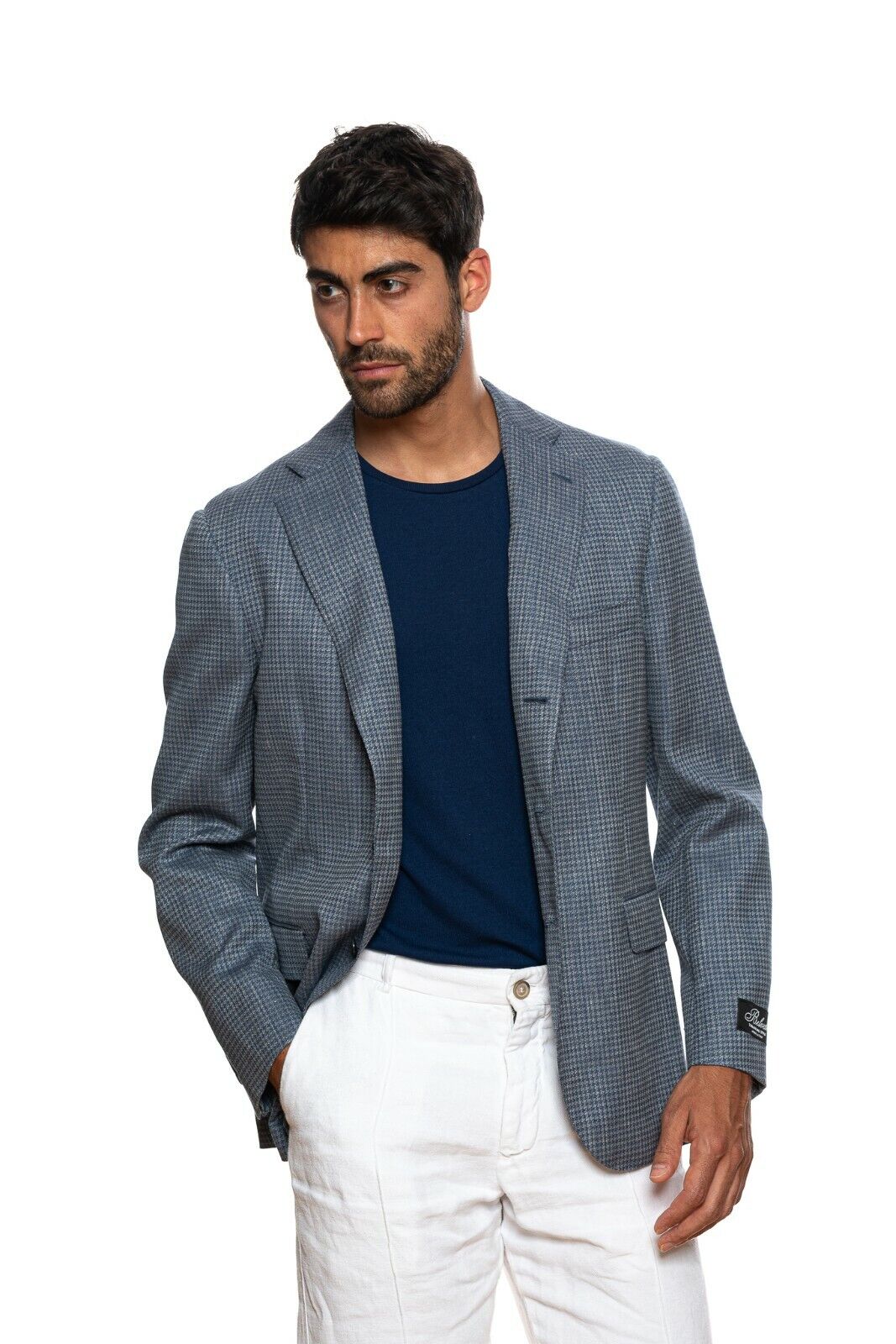 BELVEST Blue Houndstooth Wool Linen Jacket Blazer 44 US / 54 EU 7 R