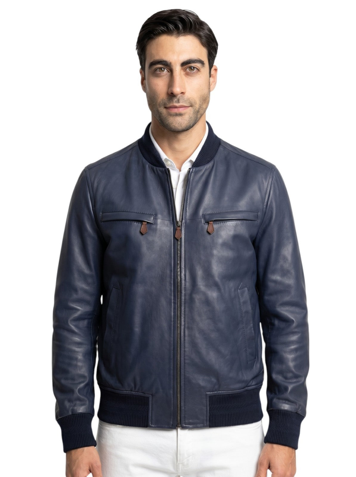 $6250 ISAIA NAPOLI Blue Zip Varsity Jacket Soft Lambskin Leather 38 US / 48 EU