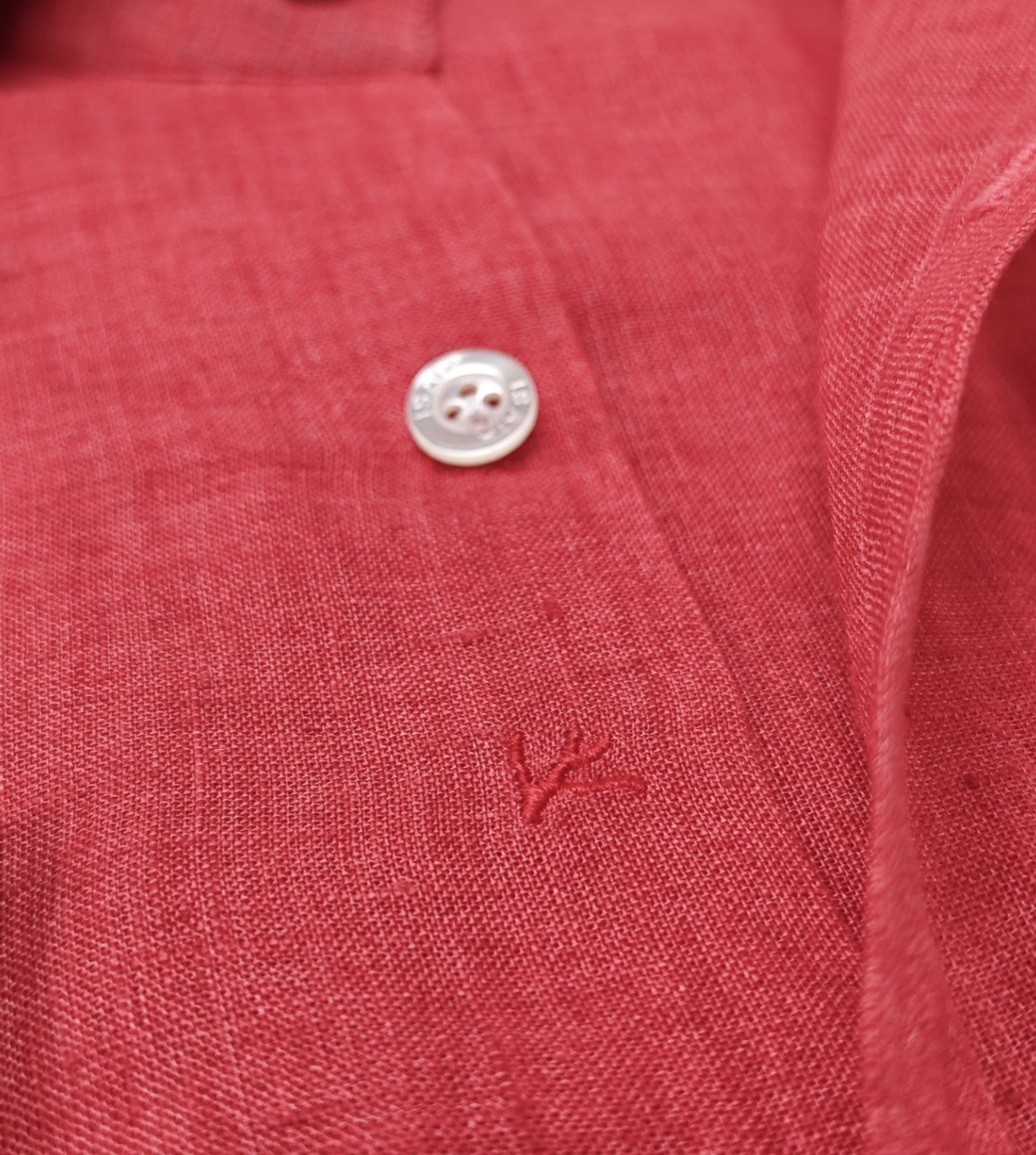 765$ ISAIA NAPOLI "Mix" Coral Red Dress Shirt Hand-Sewn 100% Linen 16.5 - 42