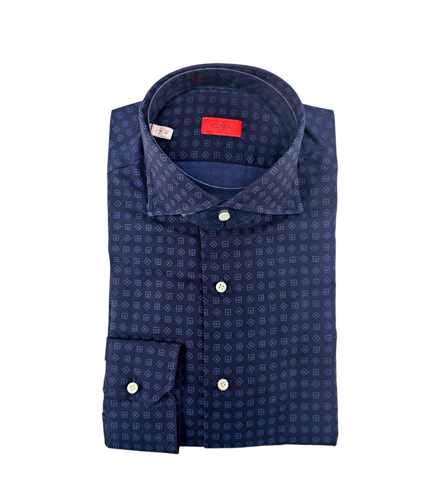 780$ ISAIA NAPOLI "Mix" Dress Shirt Blue Geometric Cotton 16.5 - 42